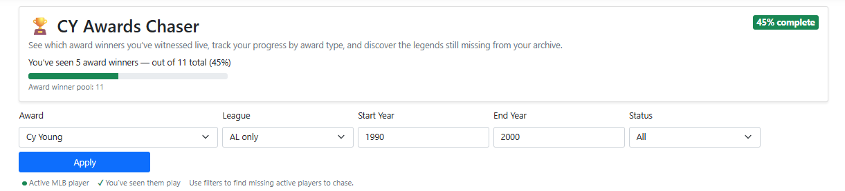 Awards Chaser filters for award, league, start year, end year, and status