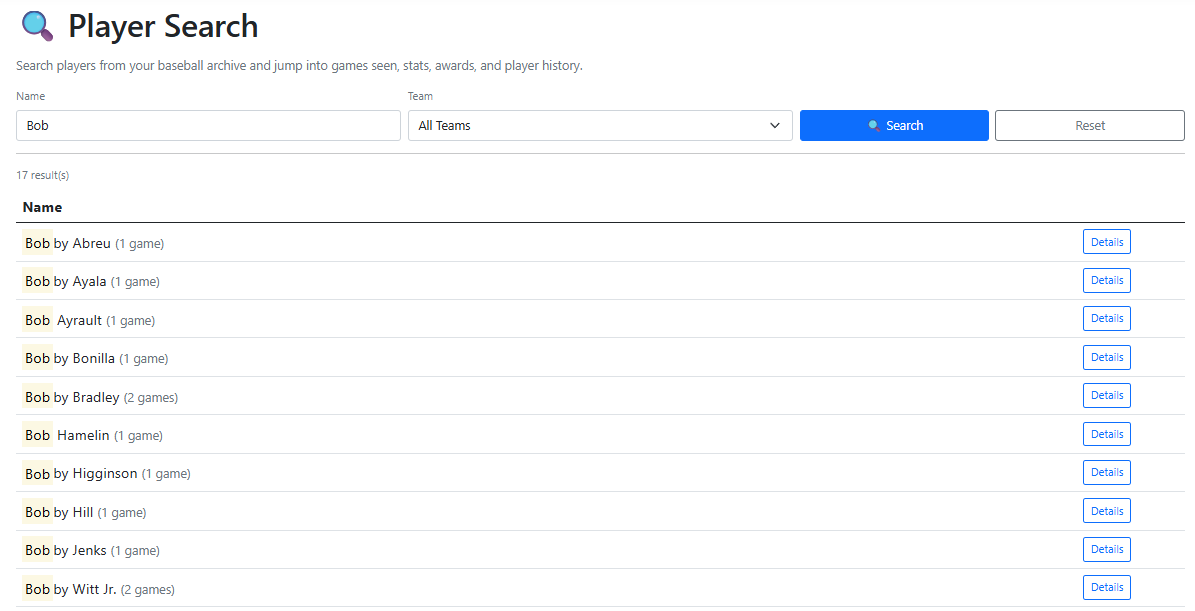Player Search showing searchable player results from a baseball archive
