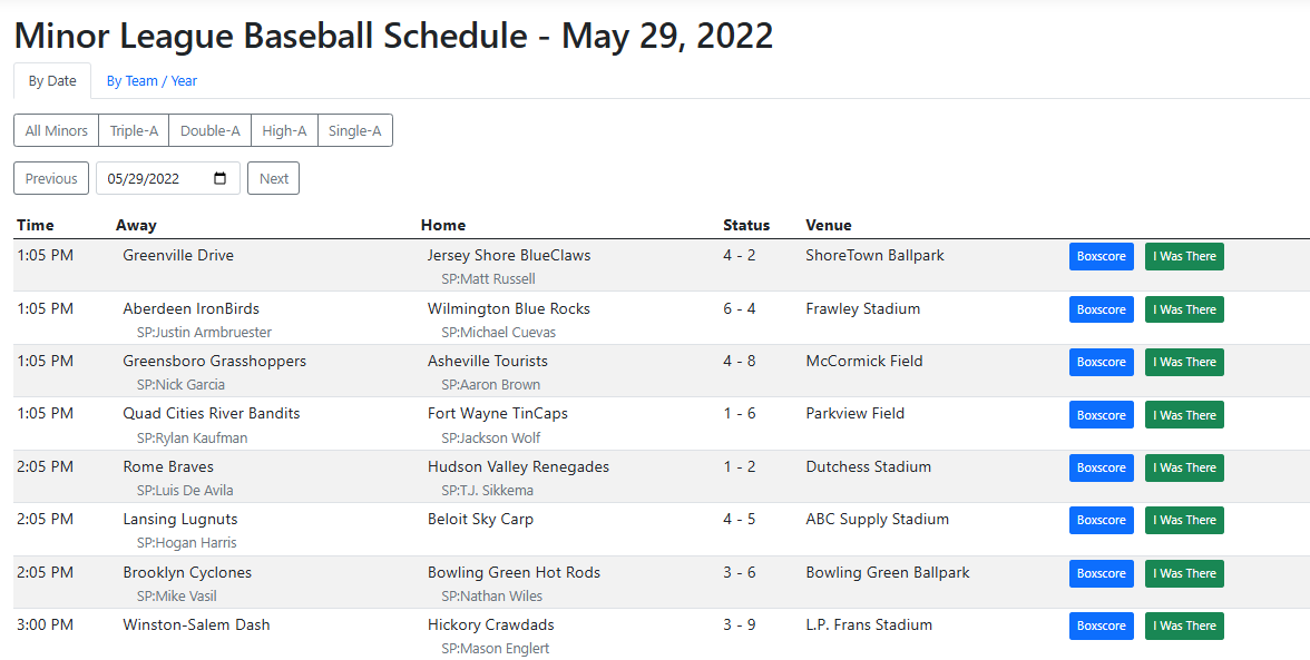Minor League Baseball schedule explorer