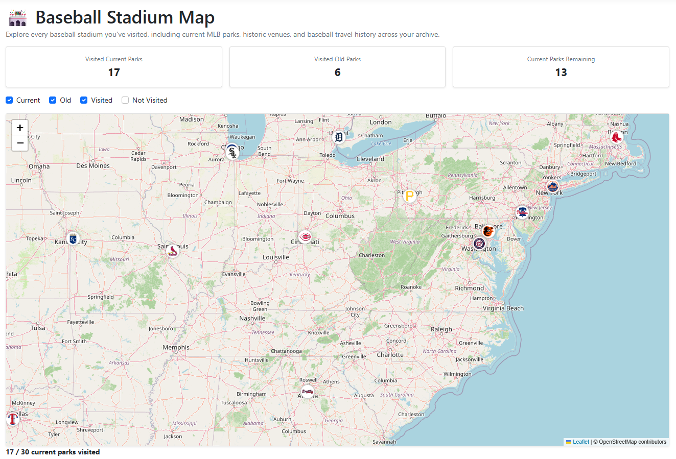 Baseball stadium map showing MLB ballparks visited