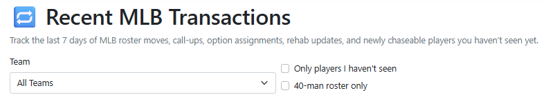 Recent MLB Transactions header and filters