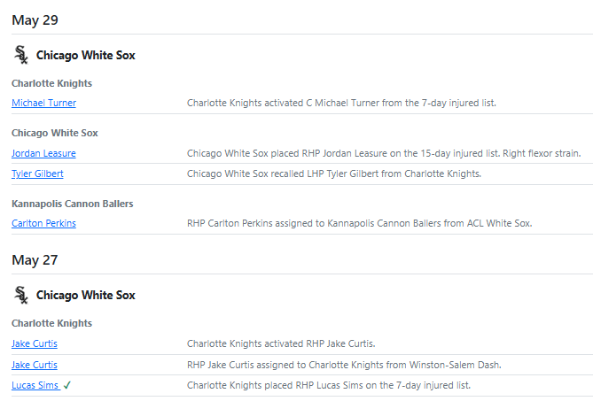 Transactions grouped by team and affiliate with seen-player checkmarks